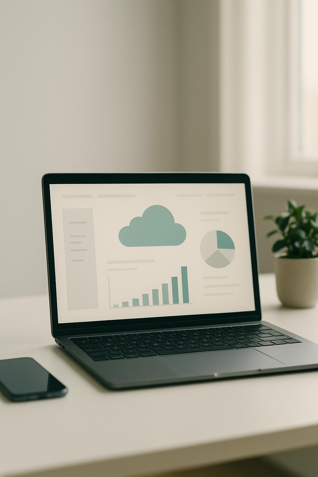 A clean cloud-accounting dashboard on a laptop