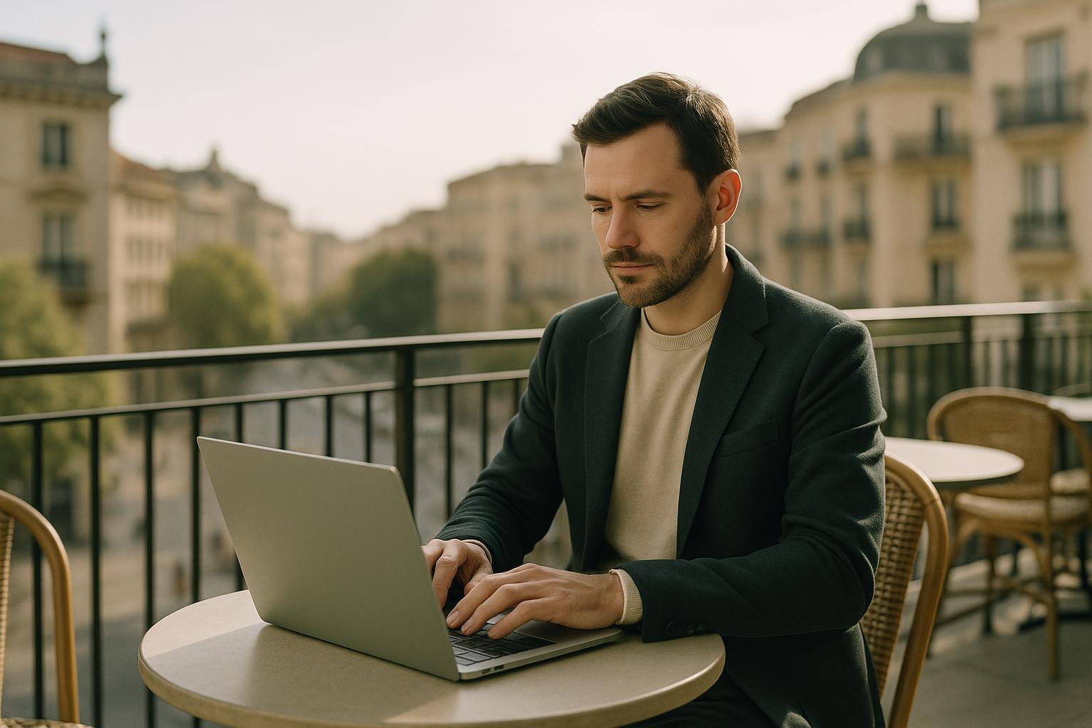 A professional working remotely from abroad on a laptop